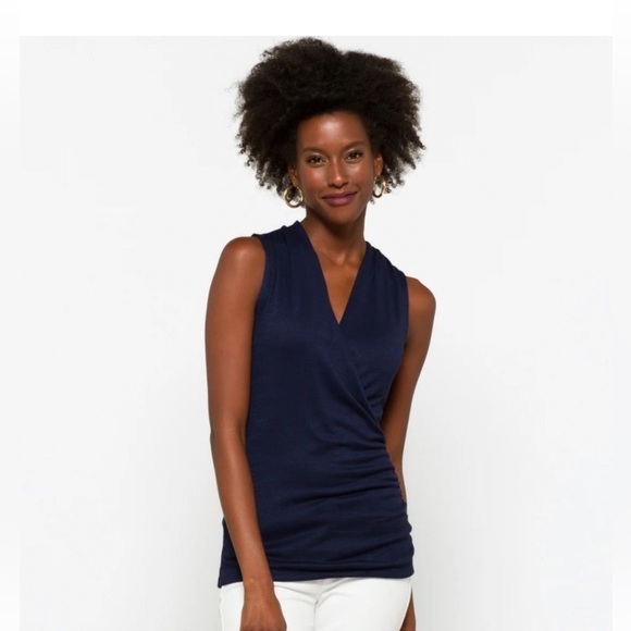 Hawthorne 41 Benni wrap front ruched knit top large petite Navy blue - Picture 1 of 9